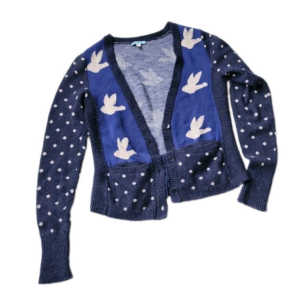 Anthropologie Leifnotes Cardigan Med Ruffled Flight Bird Polkadot Knit Sweater